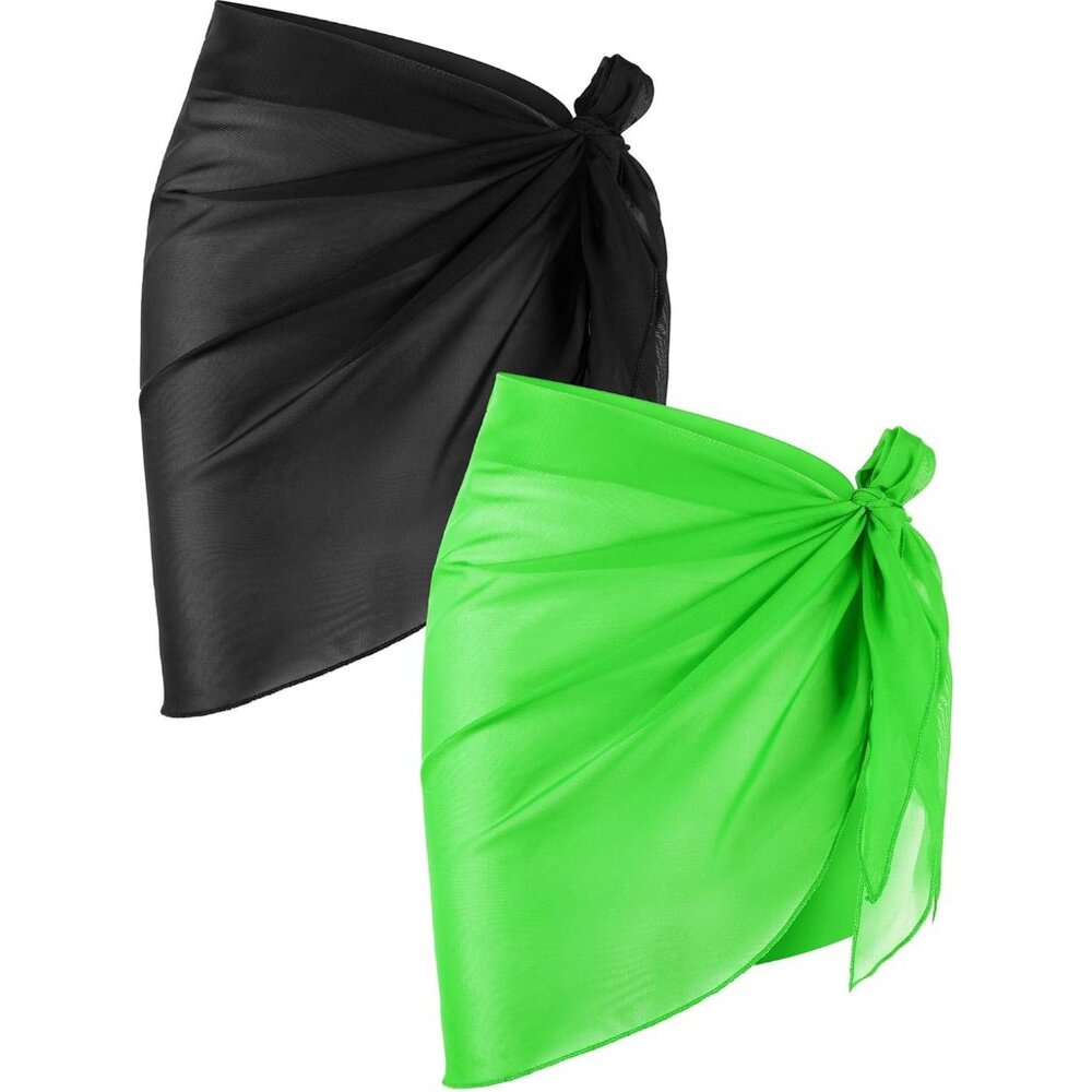 2 Pieces Sarong Coverups for Women Bathing Suit Wrap -Black and Bright Green